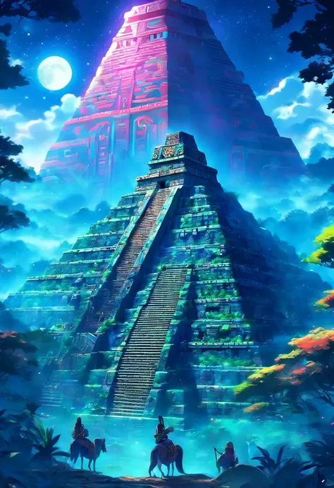 (((Aztec city))) best quality, ultra-high resolution, 4K detailed CG, masterpiece, city, forest, moon in the background, Aztec mythology, Mexica, aesthetics, ((distant view)), beautiful image, centered on screen