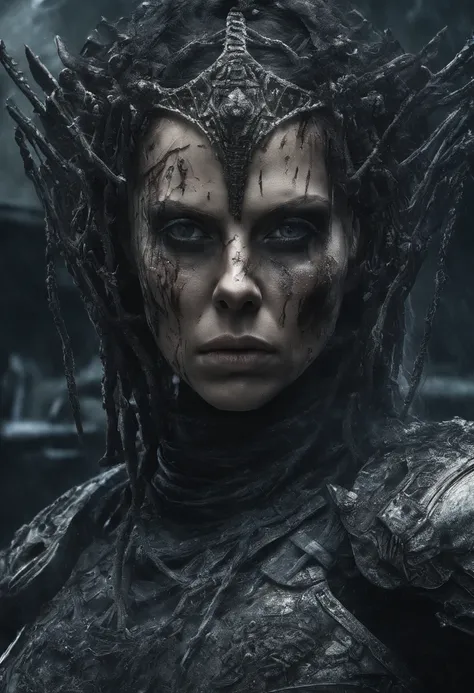 Young Charlize Theron as a Space Viking, Long Braided hair, (Dirty Blood Splattered Face), Runic Tattoos, Neon Highlights on Armour, Futuristic Axe in Hand, Surrounded by the bodies of her rivals, On a Space station, Fires, Smoke, debris, abstract beauty, ...