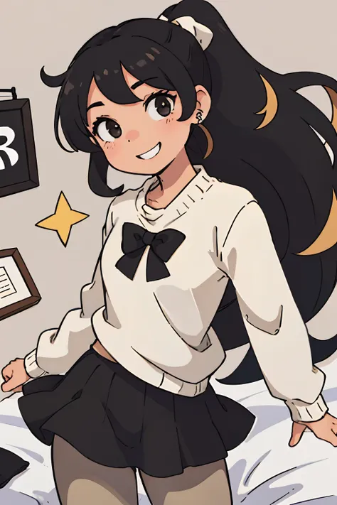 (best-quality:0.8), (best-quality:0.8), female, perfect anime illustration, curly hair, ponytail with long hair, black hair, brown eyes, white bow, beige sweater, black leggings, white earrings, smiling, cute, feminine, light tan skin, bedroom