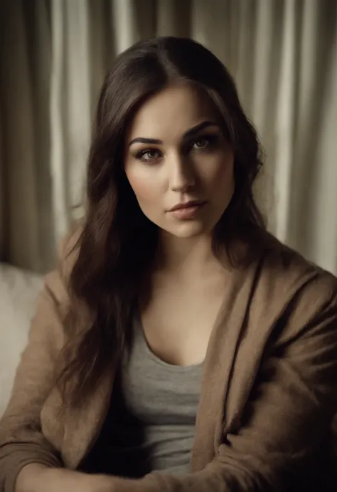 Sasha Grey sitting at a couch and crossed her legs, barefooted and wearing comfy clothes and pants, (photography), (best quality:1.5), (shredded and cropped purple hair), (blushed cheek, eyeliner, brown eyeliner and shadow), (clear eyes), textured skin, [h...