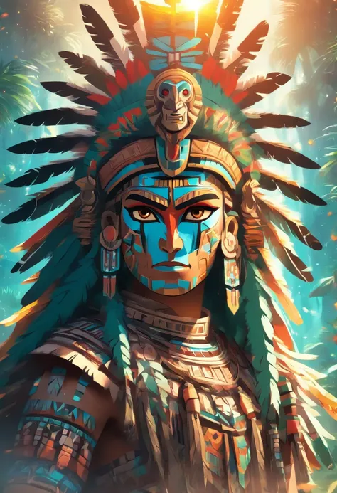 (((Huitzilopochtli))) best quality, ultra-high resolution, 4K detailed CG, masterpiece, Aztec God,forest,moon in the background,Aztec mythology, Mexica, aesthetics, ((Aztec God)), beautiful image, centered on screen