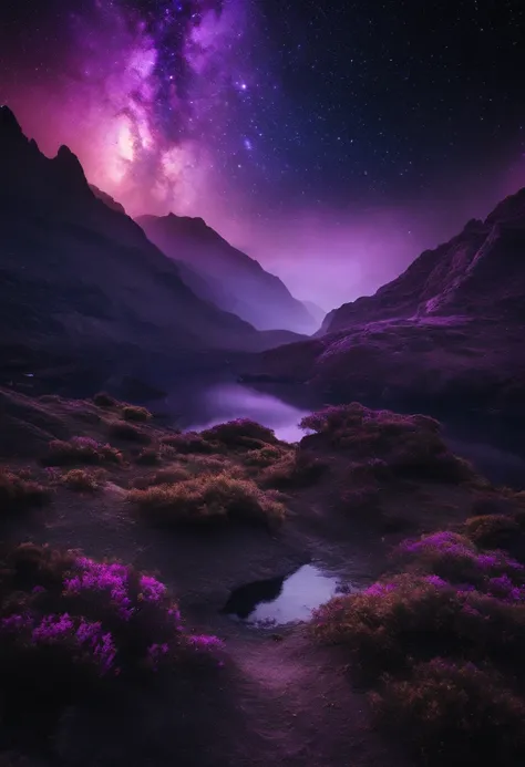 Create a black galaxy landscape with purple details in the universe