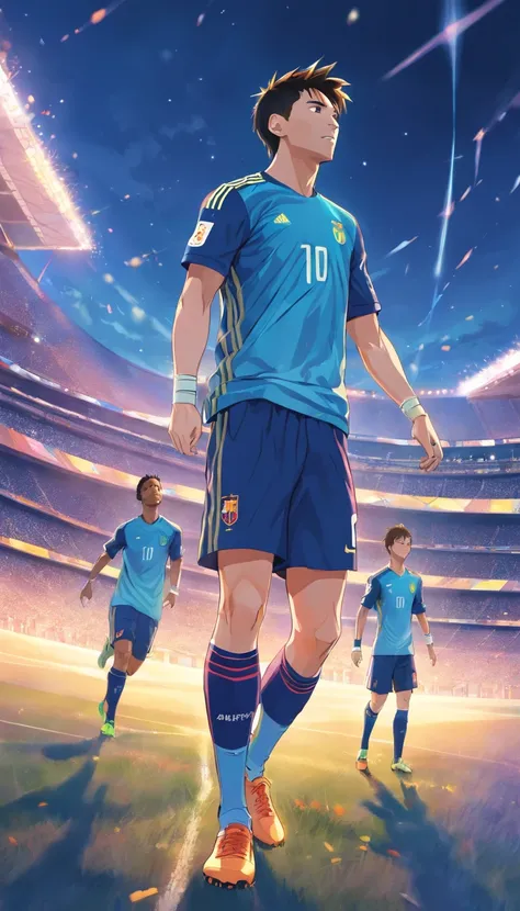 Lionel Messi , Neymar Jr , Cristiano Ronaldo , Anime style , footballer , (( Image without abnormalities )) , Standard Scenario , beste-Qualit , Best resolution , master-piece, t shirt  black