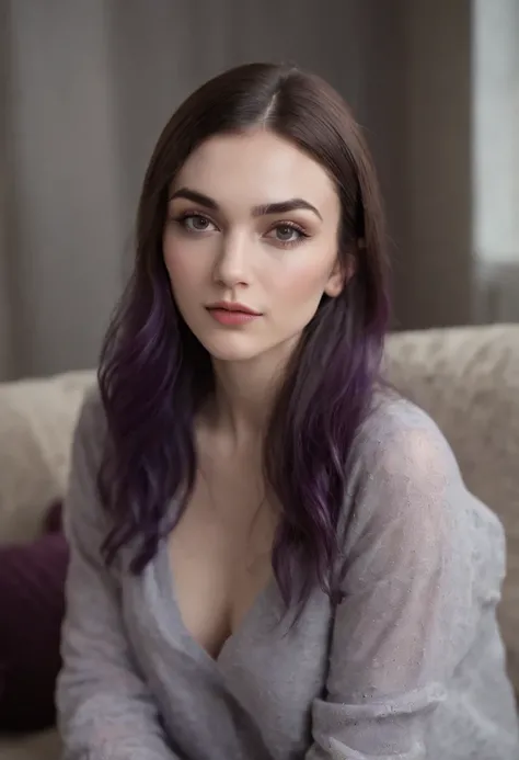 Sasha Grey sitting at a couch and crossed her legs, barefooted and wearing comfy clothes and pants, (full body caption), (best quality:1.5), (shredded and cropped purple hair), (blushed cheek, eyeliner, brown eyeliner and shadow), (clear eyes), textured sk...