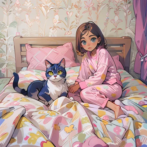 Menina,pijama de gato,deitada,na cama, paredes de madeira,full body