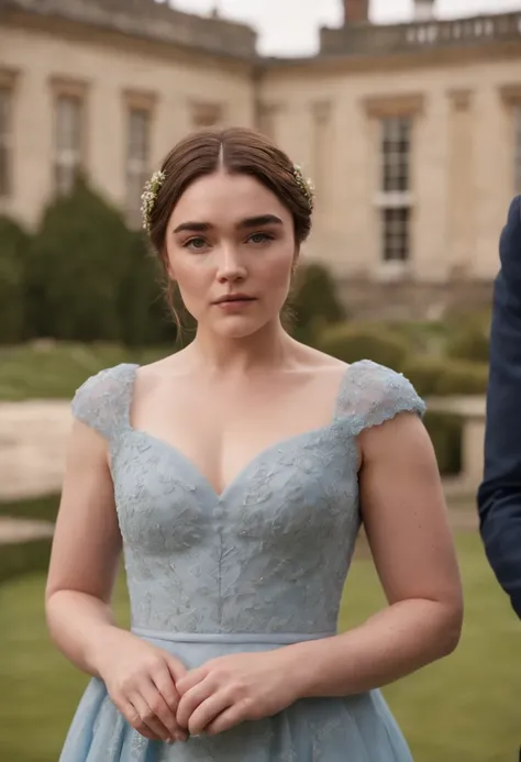 Florence Pugh with brown hair  in a London regency dainty baby blue dress in “Bridgerton” with a London season party as the background