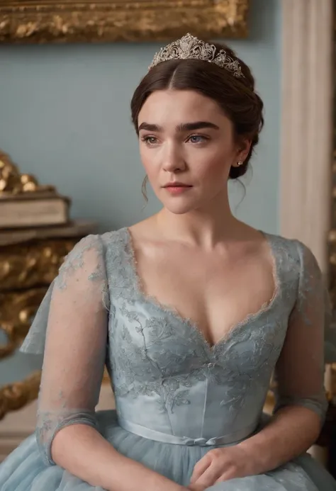 Florence Pugh with brown hair  in a London regency dainty baby blue dress in “Bridgerton” with a London season party as the background