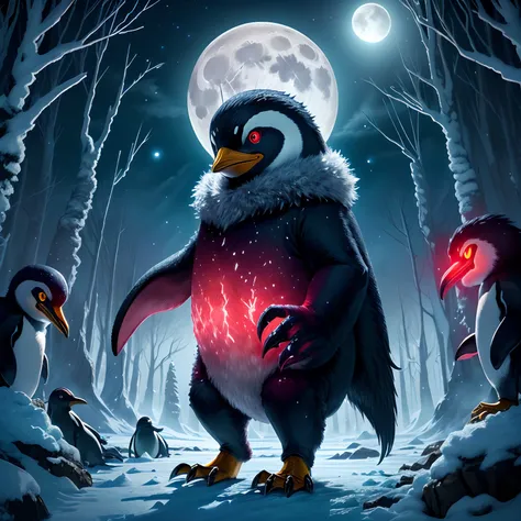 Bipedal monster penguin, glowing red eyes,ice forest, full moon,