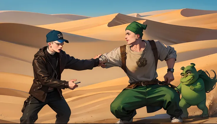 Eminem in the middle of a desert fighting shrek