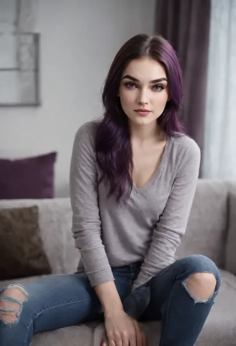 Sasha Grey sitting at a couch and crossed her legs, barefooted and wearing comfy clothes and pants, nasty face and smut smile (full body caption), (best quality:1.5), (shredded and cropped purple hair), (blushed cheek, eyeliner, brown eyeliner and shadow),...