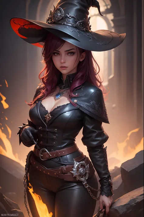 (best quality: 1.1), (masterpiece: 1.1), detailed, perfect anatomy, 1 girl, medium shot, wizard, masterpiece, best quality, mature witch, witch hat, dark black Leather pants, dark black leather jacket, dark black leather boots, studdet belt, rivet belt, ch...