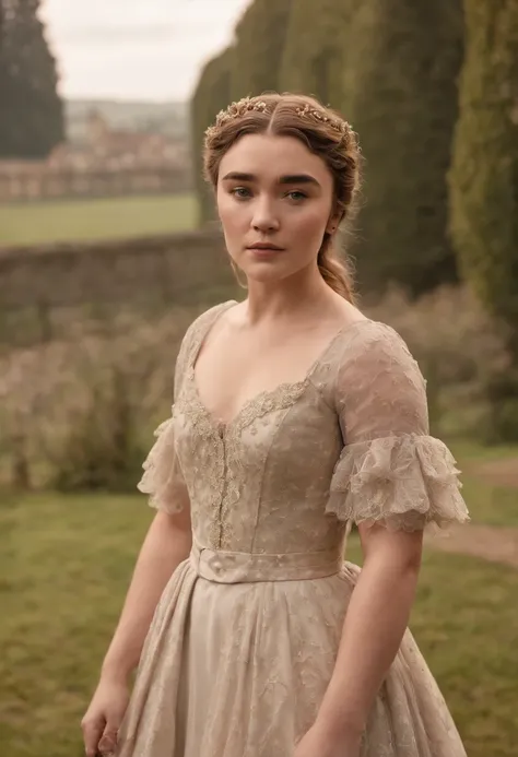 Florence Pugh as a Bridgerton in the show, “Bridgerton”, wearing a dainty, regency style dress with a London Season Party as the background