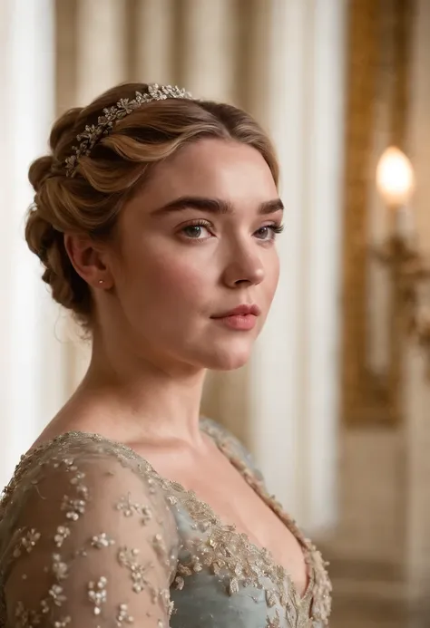 Florence Pugh as a Bridgerton in the show, “Bridgerton”, wearing a dainty, regency style dress with a London Season Party as the background