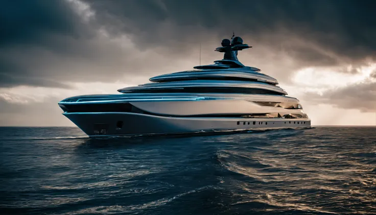 Create a dramatic photograph of a futuristic luxury mega yacht in a fierce ocean storm, capturing the vessels strength and resilience in the style of Star Wars. The turbulent weather conditions, dynamic lighting, and mood, with a photojournalistic approach...