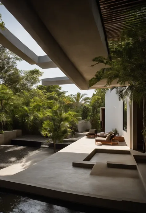 Single-family duplex house next to water bodies and forests in tropical climates, Photo of a modern house in Mexico, bathed in daylight, featuring brutalist architecture with massive concrete structures and sharp angles... The house stands in stark contras...