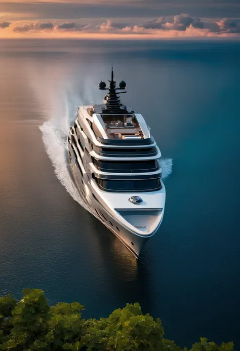 Create a captivating image of a mega luxury yacht photographed from a birds-eye view at sunrise, surrounded by the mist of a tranquil bay in the Maldives. The ethereal atmosphere, captured with drone photography, should evoke the style of Jimmy Chin.