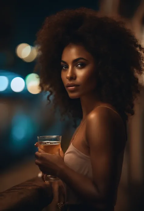 high resolution photo, Realistic, na varanda, cidade futurista em volta redonda, night time, Chovendo,  garota, frontal completo, brown skin Brazilian with curly hair, peitos mostrando,  showing, sedutor, drinking