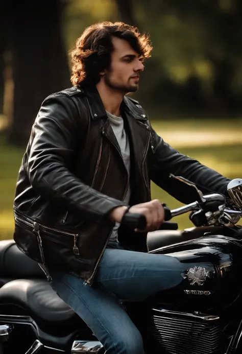 Draw a picture  similar to the picture of the emo wolf sitting down by the tree but have him be  wearing biker gear, denim jeans, and brown boots. Sitting next to a Honda shadow phantom motorcycle while the sun rises.