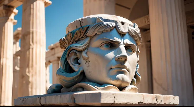 Ancient Greek statue with angry expression, Outside, com rosto extremamente detalhado full body view, Colors with low saturation with dark tone, Filmado em Sony A7S III com Sony FE 35mm f/1.8, 12.1 MP, --AR 3:2 --estilo cru