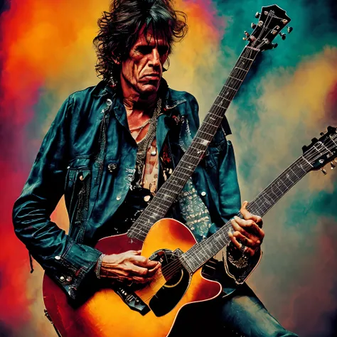 (best quality,4k,8k,highres,masterpiece:1.2),ultra-detailed,(realistic,photorealistic,photo-realistic:1.37),portrait,Keith Richards in the 1970s,sitting,barefoot,full body,smoking,playing black guitar,rock and roll legend,iconic,expressive face,signature m...