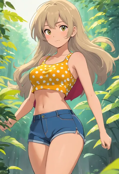 masterpiece, best quality, (1girl:0.999), (breasts:0.998), (shorts:0.994), (polka dot:0.992), (covered nipples:0.964), (halftone background:0.947), (dark-skinned female:0.946), (long hair:0.942), (polka dot background:0.942), (denim shorts:0.938), (dark sk...