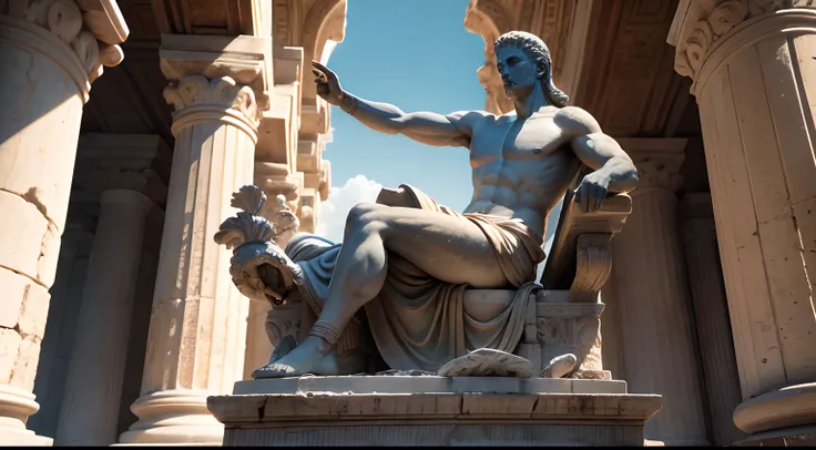 Ancient Greek statue with angry expression, Outside, com rosto extremamente detalhado full body view, Colors with low saturation with dark tone, Filmado em Sony A7S III com Sony FE 35mm f/1.8, 12.1 MP, --AR 3:2 --estilo cru