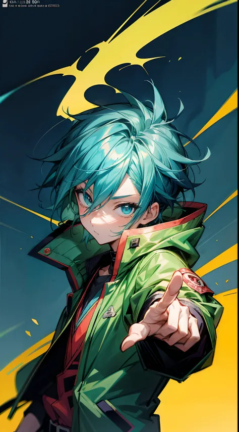 a cartoon girl with a green jacket and blue hair pointing up, trigger anime artstyle, high quality anime artstyle, in an anime style, anime boy, in anime style, anime style character, anime artstyle, epic anime style, anime moe artstyle, anime style portra...