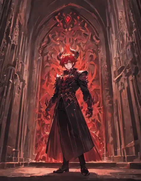 Male long red hair red eyes black horns demon red body hair fancy rich person clothes inside a dark castle anime artstyle