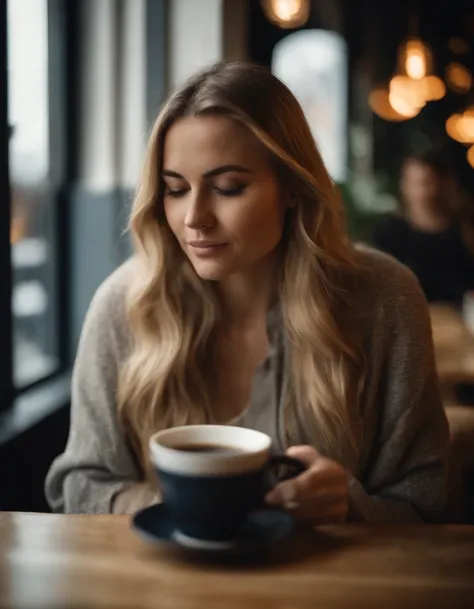 25 year old woman drinking coffee in a trendy cafe, long hair, blonde hair, stylish clothes, jeans.