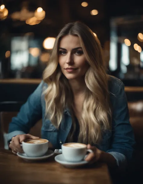 25 year old woman drinking coffee in a trendy cafe, long hair, blonde hair, stylish clothes, jeans.