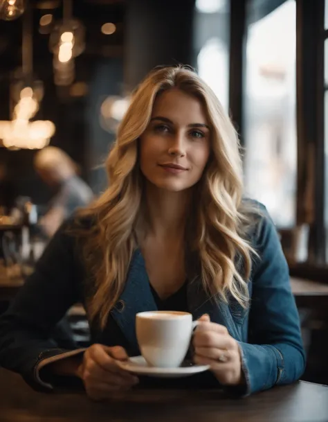 25 year old woman drinking coffee in a trendy cafe, long hair, blonde hair, stylish clothes, jeans.