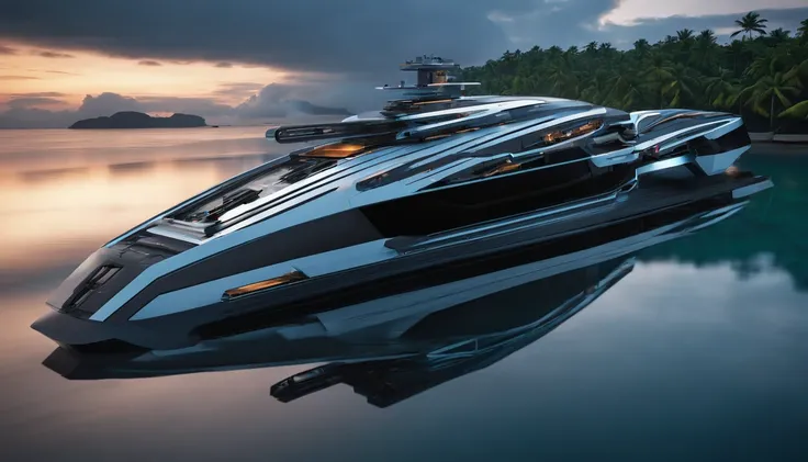 Create a captivating image of a futuristic luxury yacht in the style of Star Wars photographed from a birds-eye view at sunrise, surrounded by the mist of a tranquil bay in the Maldives. The ethereal atmosphere in the style of Star Wars, captured with dron...