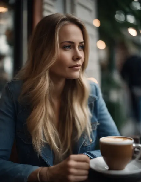 25 year old woman drinking coffee in trendy café, Long hair, Blonde hair, Stylish clothes, jeans.full bodyesbian、outside of house