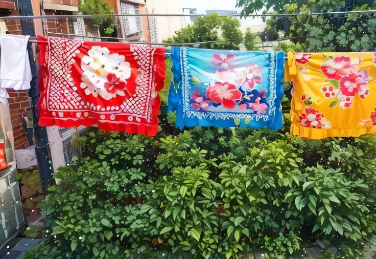 Several colorful towels hung on a clothesline in a garden, Banners de tela, vendimia!, pasar un buen rato, Toallas brillantes, lonas de seda colgantes, El sol brilla, Una hermosa, Ropa colgada, un impresionante, in a sunny day, Bandanas, morning detail, un...