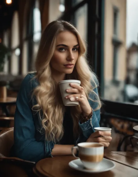 25 year old woman drinking coffee in trendy café, Long hair, Blonde hair, Stylish clothes, jeans.(full body Esbian:1.5)、outside of house、Looking at your smartphone