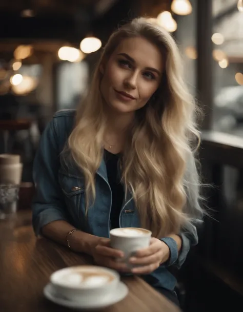 25 year old woman drinking coffee in trendy café, Long hair, Blonde hair, Stylish clothes, jeans.(full body Esbian:1.5)、outside of house、Looking at your smartphone