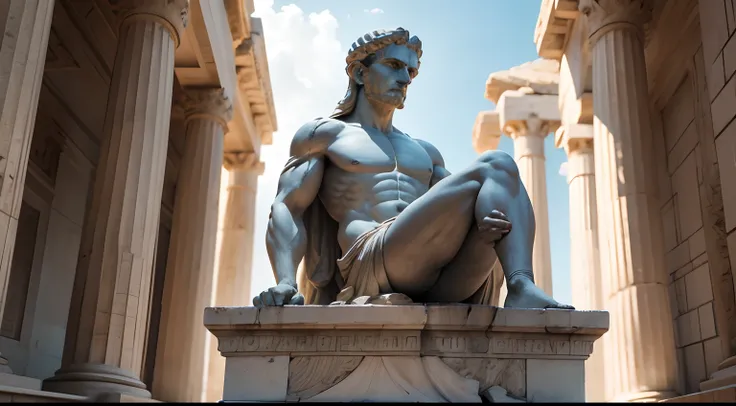 Ancient Greek statue with angry expression, Outside, com rosto extremamente detalhado full body view, Colors with low saturation with dark tone, Filmado em Sony A7S III com Sony FE 35mm f/1.8, 12.1 MP, --AR 3:2 --estilo cru