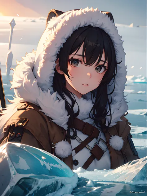 Close up, icy tundra, ocean, ice caps, woman, focused expression, curly black hair, light brown eyes, thick brown coat, fur brown coat, fur hood, hood, spear