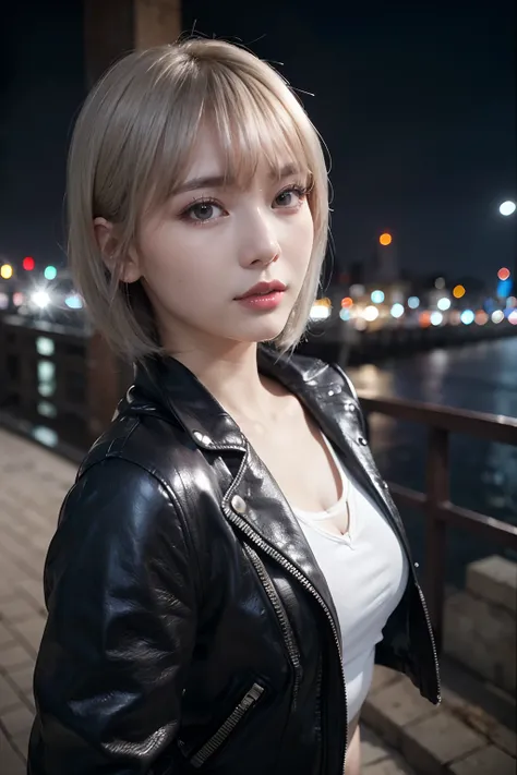 ((masterpiece)), ((best quality)), (ultra-detailed), ((extremely detailed)), 4K, (8K), best quality, (beautiful), dynamic angle, city, town, night, a cute girl, 1girl, solo, leather jacket, beautiful silver hair0, ((beautiful eyes)), short hair, cool