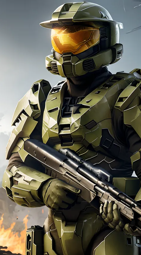 Um soldado do jogo Halo, estilo pintura digital, segurando sua arma, mirando, unreal engine,  cores do jogo