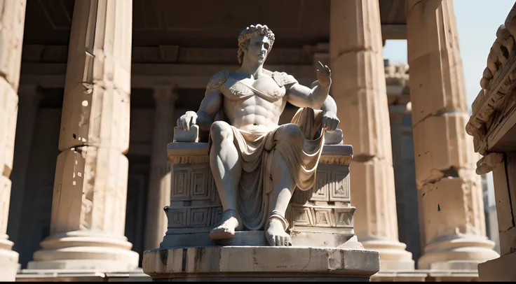 Ancient Greek statue with angry expression, Outside, com rosto extremamente detalhado full body view, Colors with low saturation with dark tone, Filmado em Sony A7S III com Sony FE 35mm f/1.8, 12.1 MP, --AR 3:2 --estilo cru