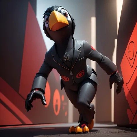 3d pixar character, toucan, humanoid with black suit and red engraving, 4k