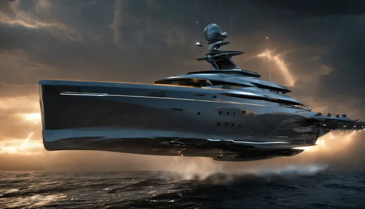 Generate a photo-realistic masterpiece of a futuristic yacht navigating through a dynamic lightning storm in the middle of the open ocean. The dramatic weather conditions, combined with cinematic lighting and mood, should resemble the work of Joel Sartore.