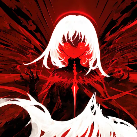 Uma silhueta de um ser obscuro, olhos brilhantes totalmente brancos, fundo vermelho, cabelo espetado totalmente preto, A silhouette of an obscure being, all-white glowing eyes, red background, all-black spiky