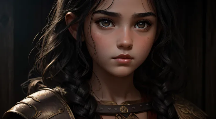 little girl with curley black hair, white skin, full lips, thin eyebrows, black eyes in wood , warrior, fantasy art, cinematic, deep detailed, HD