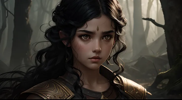 little girl with curley black hair, white skin, full lips, thin eyebrows, black eyes in wood , warrior, fantasy art, cinematic, deep detailed, HD