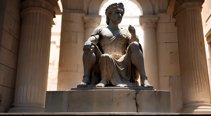 Ancient Greek statue with angry expression, Outside, com rosto extremamente detalhado full body view, Colors with low saturation with dark tone, Filmado em Sony A7S III com Sony FE 35mm f/1.8, 12.1 MP, --AR 3:2 --estilo cru