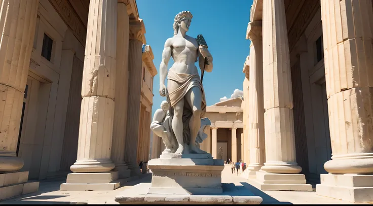 Ancient Greek statue with angry expression, Outside, com rosto extremamente detalhado full body view, Colors with low saturation with dark tone, Filmado em Sony A7S III com Sony FE 35mm f/1.8, 12.1 MP, --AR 3:2 --estilo cru