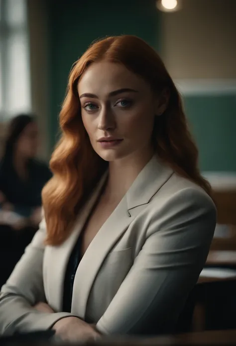 Portrait of Sophie Turner, suit blazer, no shirt underneath, in a classroom