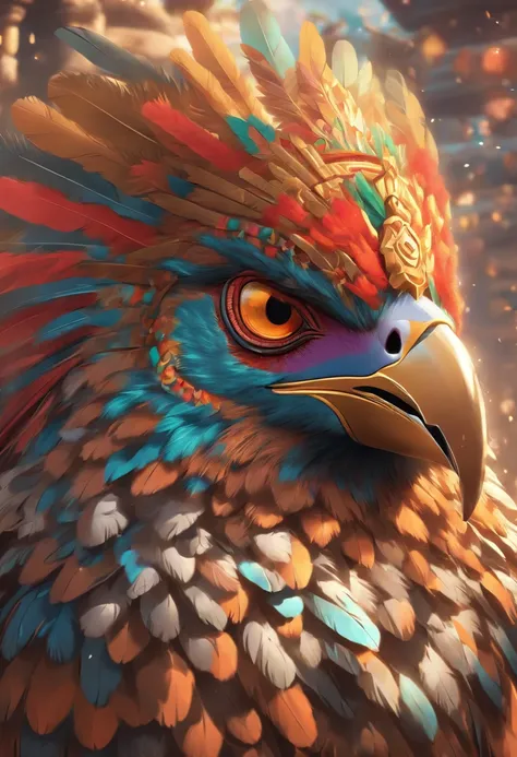 (((Bird Head))) best quality, ultra-high resolution, 4K detailed CG, master piece, Vucub Caquix, Mayan clothing, Mayan mythology, Mexico, aesthetics, ((Bird helmet)), Beautiful image, centered on screen